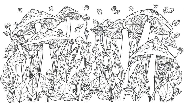 Kleurplaat van een sprookjesachtige bos weide met gedetailleerde mandala-achtige patronen, verschillende soorten paddenstoelen met en zonder stippen, bladeren, bloemknoppen, roosjes, een zonnebloem-achtige bloem en zwevende blaadjes.