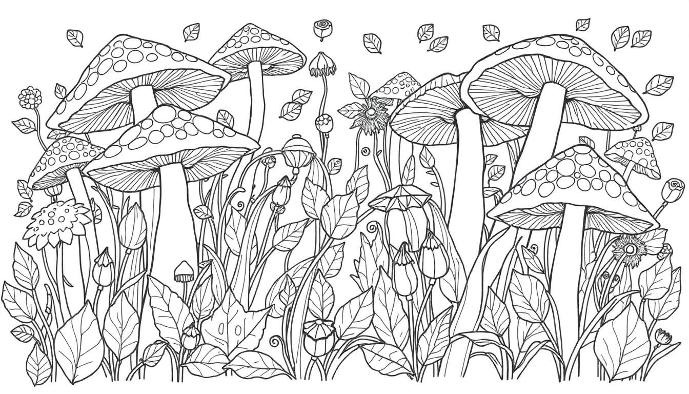 Kleurplaat van een sprookjesachtige bos weide met gedetailleerde mandala-achtige patronen, verschillende soorten paddenstoelen met en zonder stippen, bladeren, bloemknoppen, roosjes, een zonnebloem-achtige bloem en zwevende blaadjes.