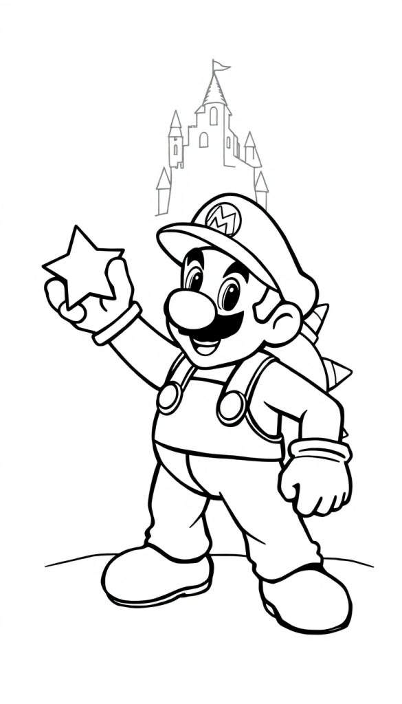 Zwart-wit tekening van Super Mario die een ster vasthoudt voor een kasteel, klaar om ingekleurd te worden.
