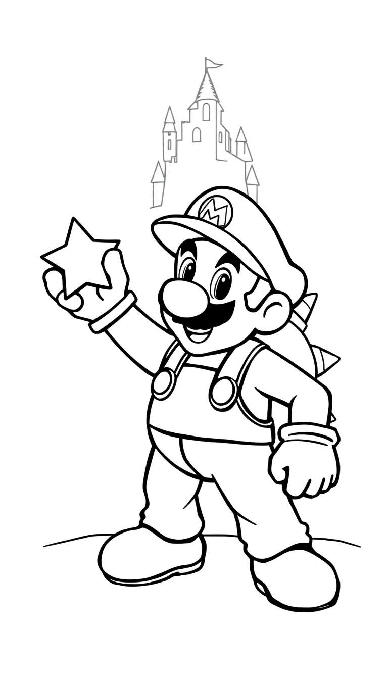 Zwart-wit tekening van Super Mario die een ster vasthoudt voor een kasteel, klaar om ingekleurd te worden.