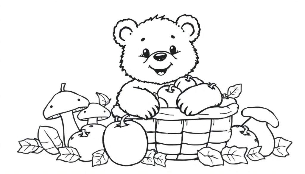 Kleurplaat van een lieve teddybeer die achter een mand met appels zit, met paddenstoelen en herfstblaadjes eromheen.
