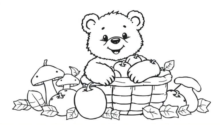 Kleurplaat van een lieve teddybeer die achter een mand met appels zit, met paddenstoelen en herfstblaadjes eromheen.