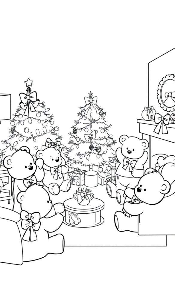 Kleurplaat van schattige teddyberen die een kerstfeestje vieren in een gezellige woonkamer met kerstbomen en cadeaus.