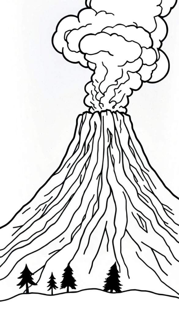 Kleurplaat van een grote vulkaan die uitbarst met rook en as, gestolde lava en bomen aan de voet.
