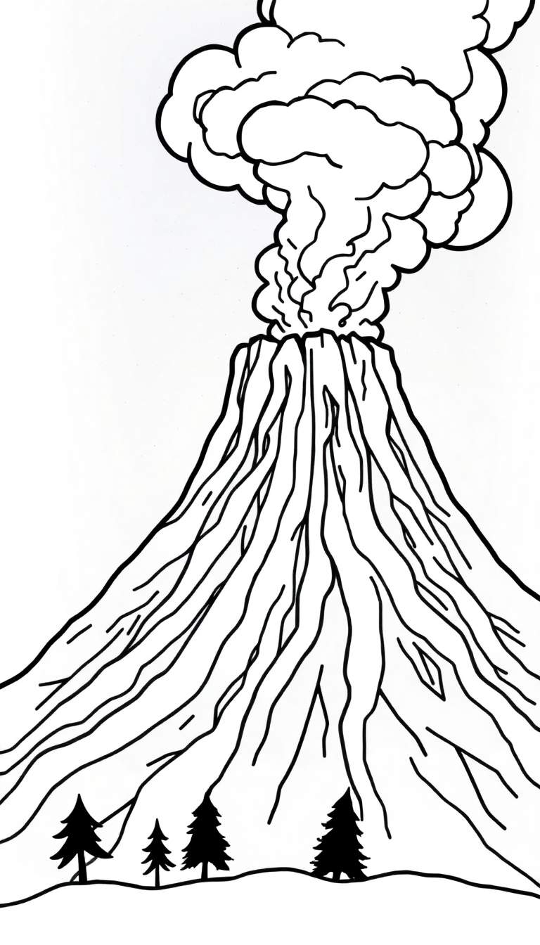 Kleurplaat van een grote vulkaan die uitbarst met rook en as, gestolde lava en bomen aan de voet.