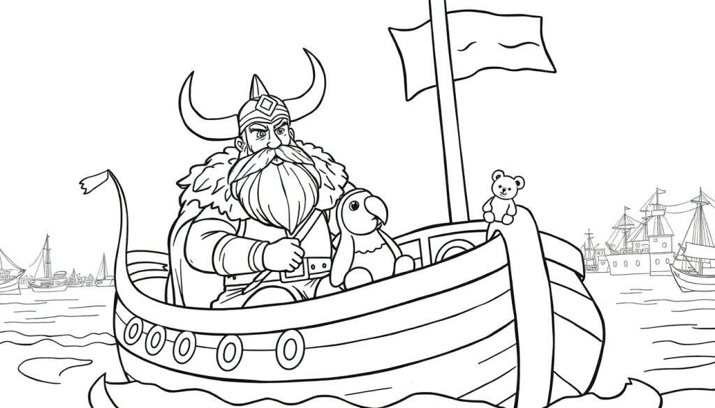 Zwart-wit tekening van een lachende Viking met gehoofde helm en lange baard op een schip, met een knuffelbeer en een speelgoedpinguïn. Achtergrond met schepen en een stad.