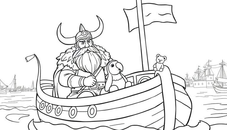 Zwart-wit tekening van een lachende Viking met gehoofde helm en lange baard op een schip, met een knuffelbeer en een speelgoedpinguïn. Achtergrond met schepen en een stad.