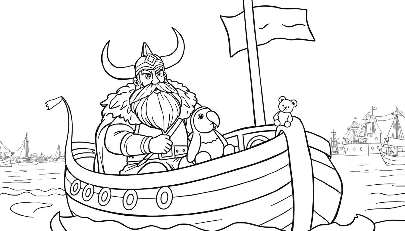 Zwart-wit tekening van een lachende Viking met gehoofde helm en lange baard op een schip, met een knuffelbeer en een speelgoedpinguïn. Achtergrond met schepen en een stad.