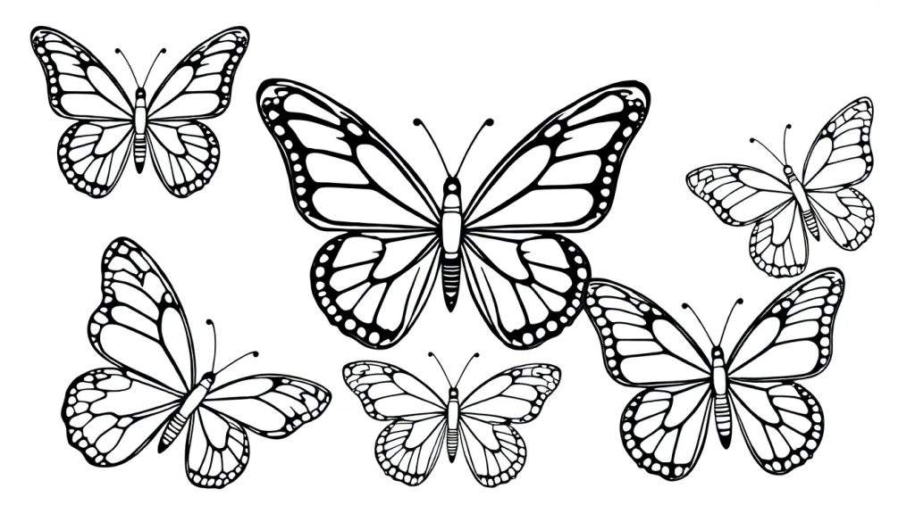 Zwart-wit tekening van zes verschillende vlinders, vliegend in verschillende posities en groottes, met gedetailleerde vleugelpatronen.