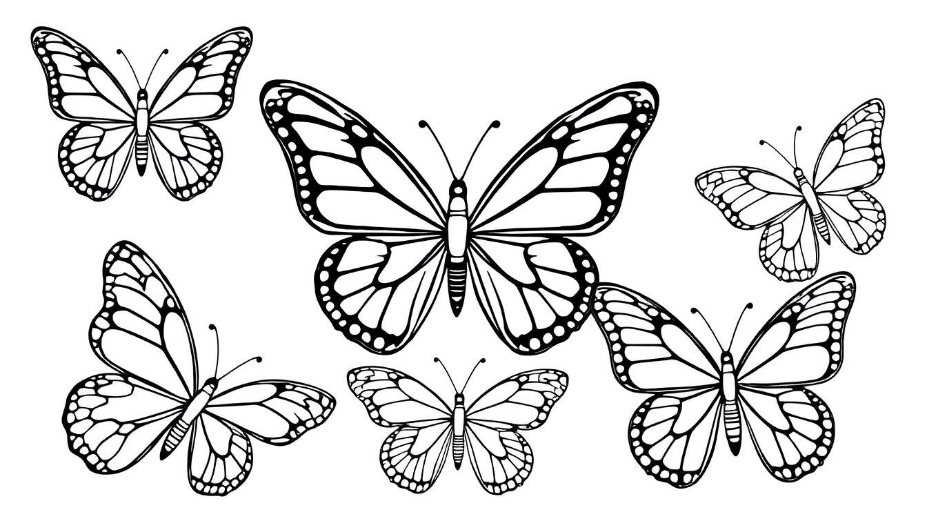 Zwart-wit tekening van zes verschillende vlinders, vliegend in verschillende posities en groottes, met gedetailleerde vleugelpatronen.