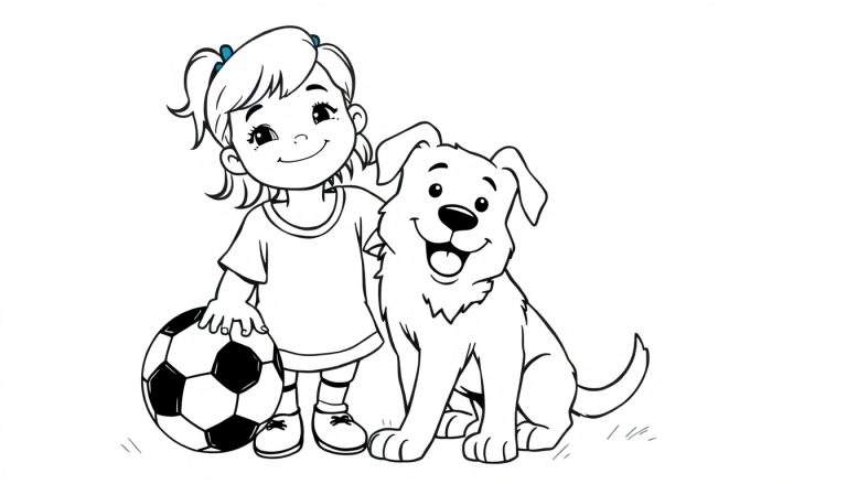 Zwart-wit tekening van een blij meisje met staartjes en een hond, met een voetbal. Ze kijken samen vrolijk naar voren.