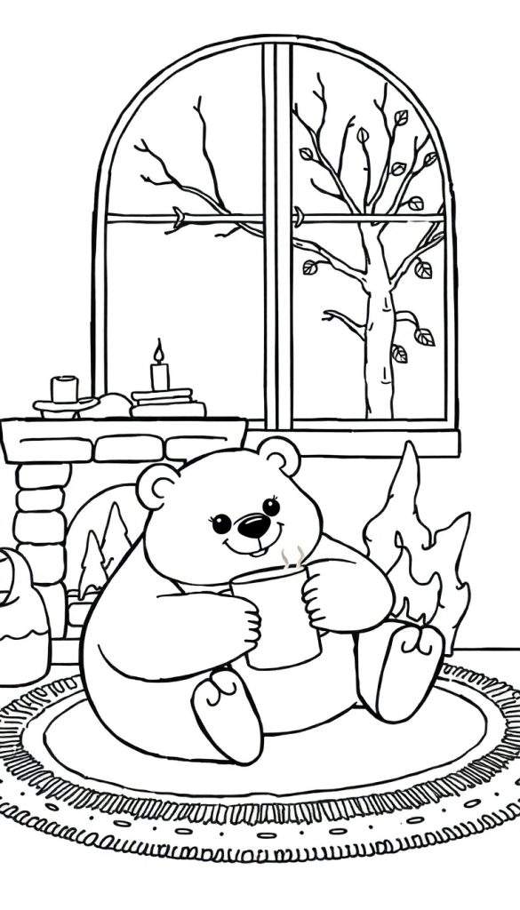 Kleurplaat van een schattige, vrolijke beer die warme chocolademelk drinkt bij een brandende open haard. Buiten het raam vallen herfstbladeren van de bomen.