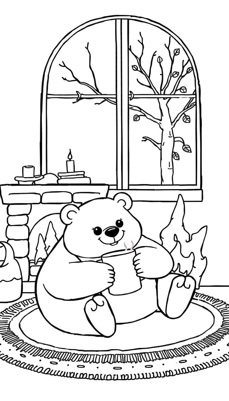 Kleurplaat van een schattige, vrolijke beer die warme chocolademelk drinkt bij een brandende open haard. Buiten het raam vallen herfstbladeren van de bomen.