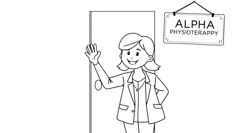 Kleurplaat van een lachende fysiotherapeut die zwaait voor de deur met het bord 'ALPHA PHYSIOTERAPPPY'.
