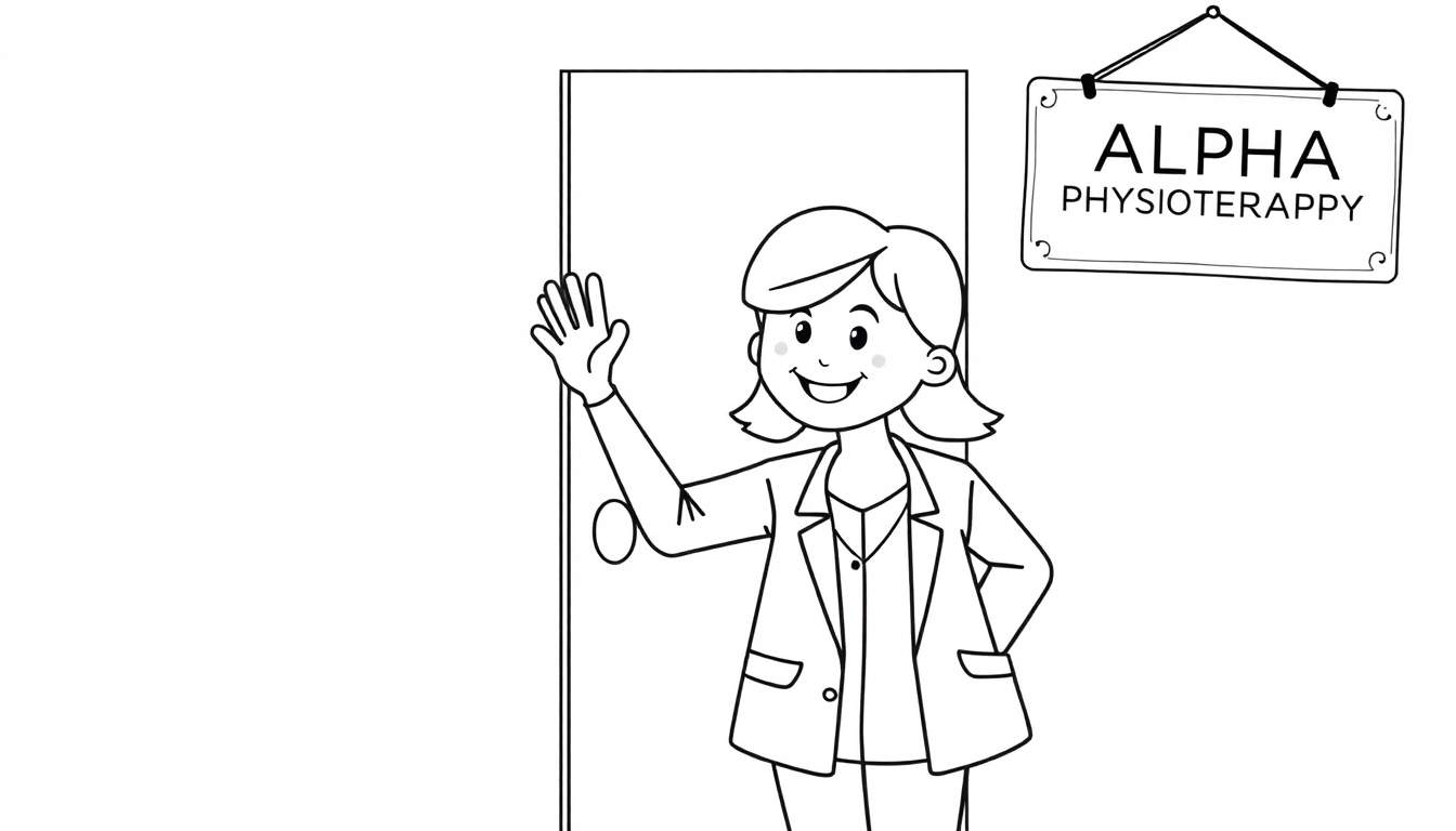 Kleurplaat van een lachende fysiotherapeut die zwaait voor de deur met het bord 'ALPHA PHYSIOTERAPPPY'.