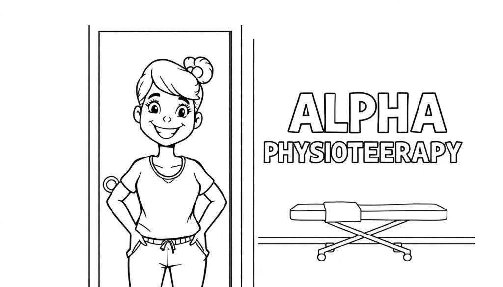 Kleurplaat van een lachende fysiotherapeute met haar handen op haar heupen, staand naast een deur met het opschrift 'ALPHA PHYSIOTEERAPY' en een fysiotherapie tafel met wieltjes.