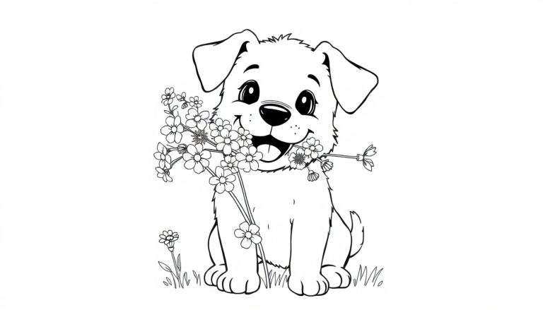 Zwart-wit tekening van een lachende puppy met grote ogen en flaporen die bloemen vasthoudt, zittend in het gras.