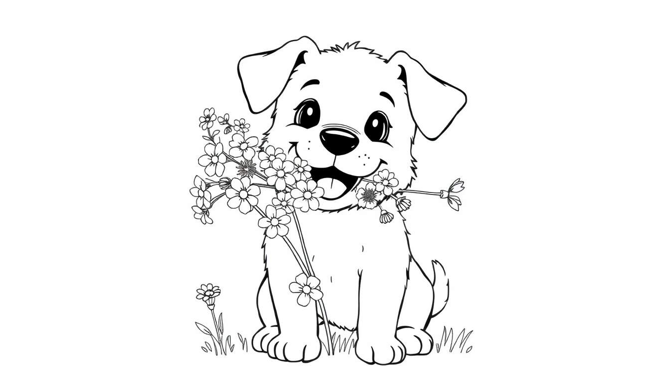 Zwart-wit tekening van een lachende puppy met grote ogen en flaporen die bloemen vasthoudt, zittend in het gras.
