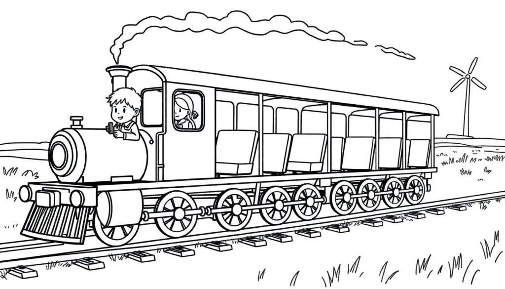 Zwart-wit kleurplaat van een stoomtrein met rook, een jongen in de locomotief, een meisje in de wagon, spoorrails, heuvels, gras en een windmolen.