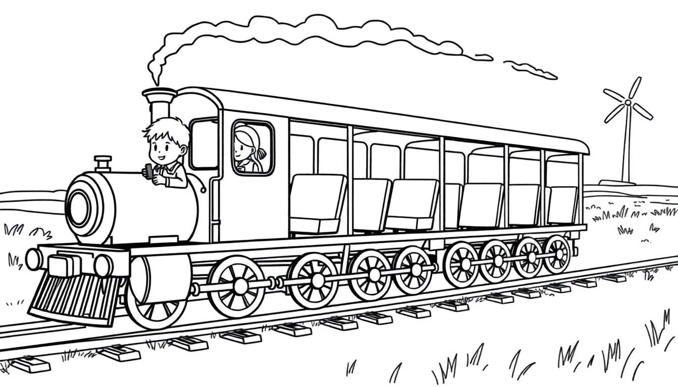 Zwart-wit kleurplaat van een stoomtrein met rook, een jongen in de locomotief, een meisje in de wagon, spoorrails, heuvels, gras en een windmolen.