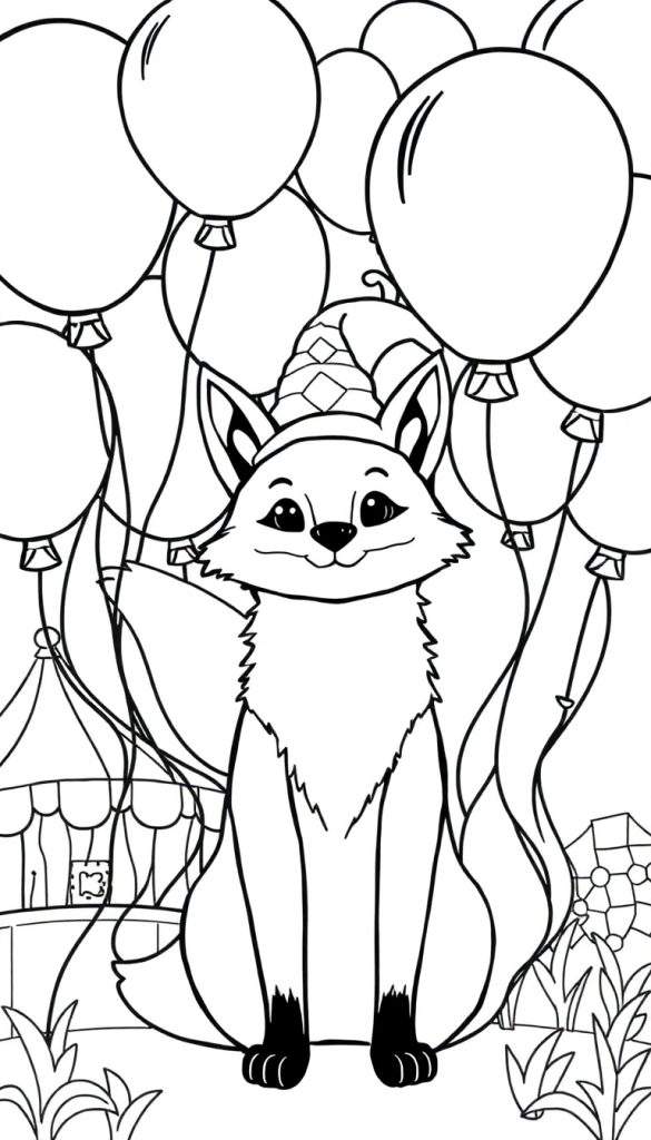 Kleurplaat van een lachende vos met een feestmuts tussen feestelijke ballonnen en een kermisattractie.