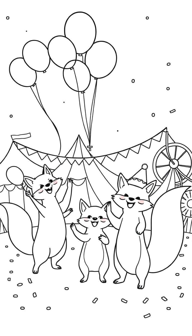 Kleurplaat van drie vrolijke vossen met ballonnen bij een circus tent met een reuzenrad en confetti.