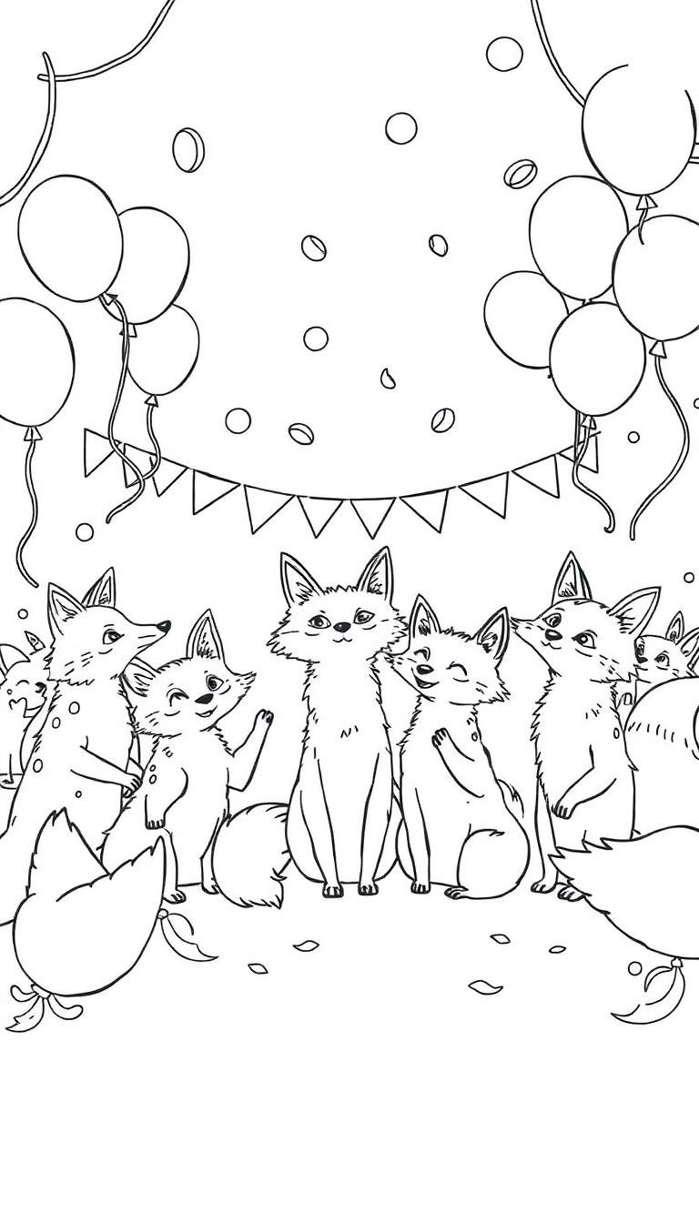 Kleurplaat van een groep lachende vossen op een feestje met ballonnen, slingers en confetti.