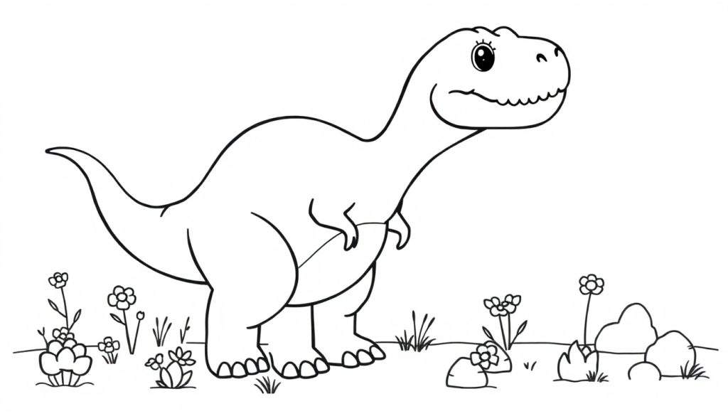 Kleurplaat van een vrolijke cartoon-dinosaurus in een veld met bloemen, gras en rotsen.