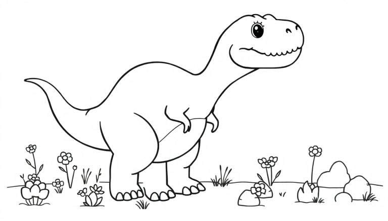 Kleurplaat van een vrolijke cartoon-dinosaurus in een veld met bloemen, gras en rotsen.
