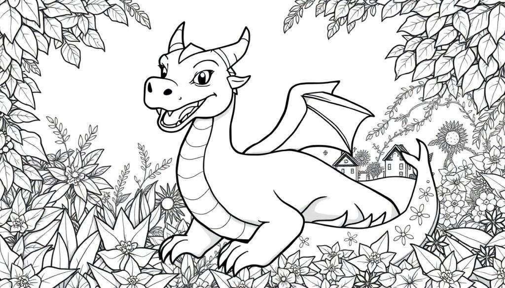 Een vrolijke, glimlachende draak met hoorns en gevouwen vleugels, zittend te midden van een weelderige tuin vol sterachtige bloemen, zonnebloemen, klimplanten en bladeren. Op de achtergrond zijn kleine huisjes te zien.