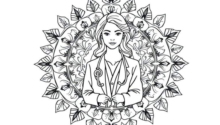 Kleurplaat met een vrouwelijke dokter in doktersjas en met stethoscoop, omringd door een mandala met bloemen.
