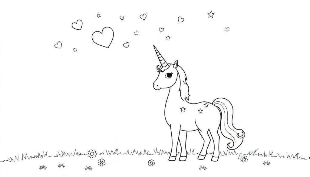 Kleurplaat van Wildstar de eenhoorn en Sofia uit Unicorn Academy, staand in een grasveld met bloemen, zwevende hartjes en sterretjes op Wildstar's lichaam.