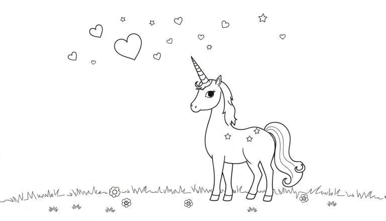 Kleurplaat van Wildstar de eenhoorn en Sofia uit Unicorn Academy, staand in een grasveld met bloemen, zwevende hartjes en sterretjes op Wildstar's lichaam.