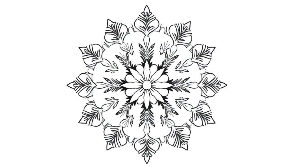 Gedetailleerde winterse mandala kleurplaat met bloemachtige patronen, getekend met zwarte lijnen op een witte achtergrond.