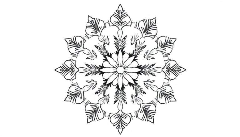 Gedetailleerde winterse mandala kleurplaat met bloemachtige patronen, getekend met zwarte lijnen op een witte achtergrond.
