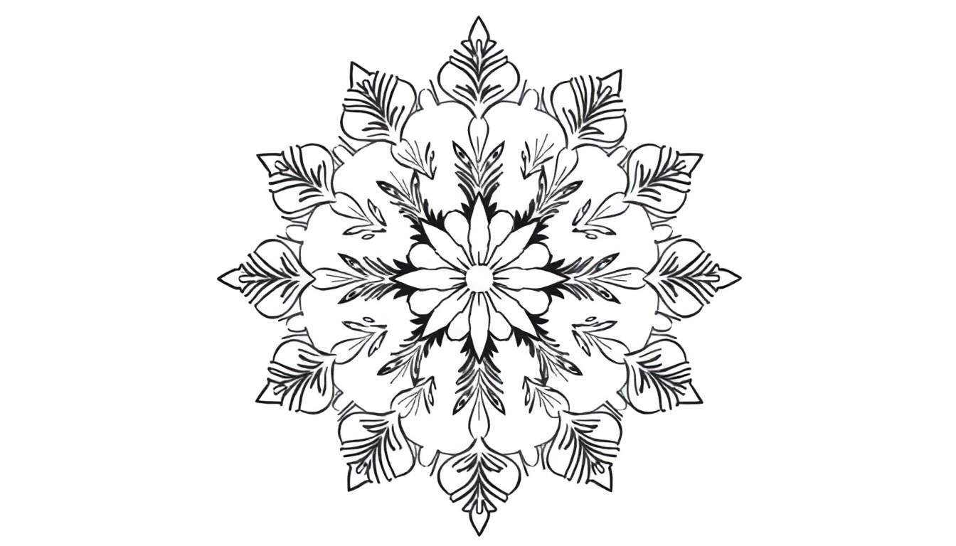 Gedetailleerde winterse mandala kleurplaat met bloemachtige patronen, getekend met zwarte lijnen op een witte achtergrond.