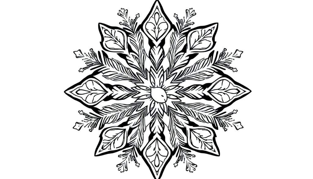 Een zwart-wit mandala kleurplaat met een symmetrische opbouw van bladeren en bloemblaadjes die lijken op een sneeuwvlok, met dunnere takjes en stipjes, getekend met dikke, expressieve lijnen.
