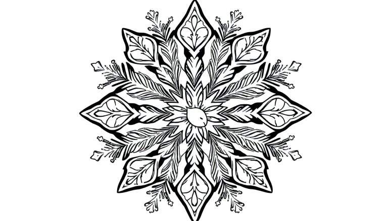 Een zwart-wit mandala kleurplaat met een symmetrische opbouw van bladeren en bloemblaadjes die lijken op een sneeuwvlok, met dunnere takjes en stipjes, getekend met dikke, expressieve lijnen.