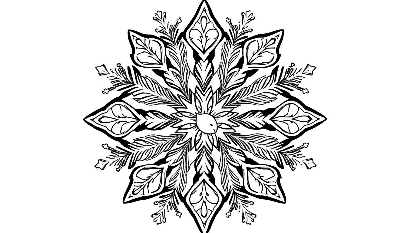 Een zwart-wit mandala kleurplaat met een symmetrische opbouw van bladeren en bloemblaadjes die lijken op een sneeuwvlok, met dunnere takjes en stipjes, getekend met dikke, expressieve lijnen.