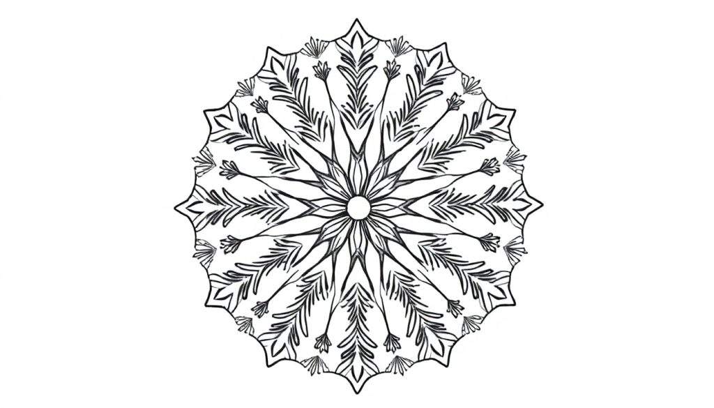 Zwart-witte mandala kleurplaat met fijne lijnen die doen denken aan een sneeuwvlok, bladeren en bloemen, stralend vanuit het midden.