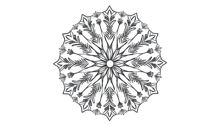 Zwart-witte mandala kleurplaat met fijne lijnen die doen denken aan een sneeuwvlok, bladeren en bloemen, stralend vanuit het midden.