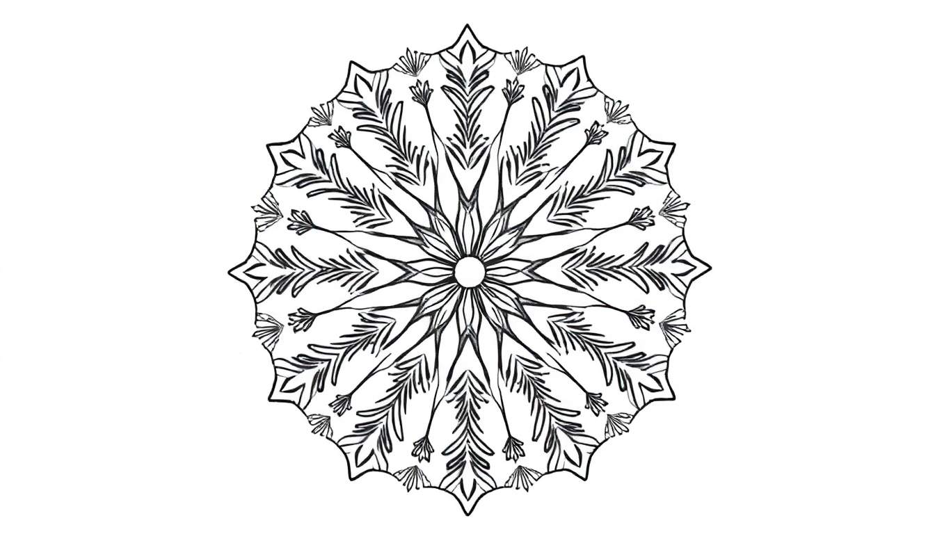 Zwart-witte mandala kleurplaat met fijne lijnen die doen denken aan een sneeuwvlok, bladeren en bloemen, stralend vanuit het midden.