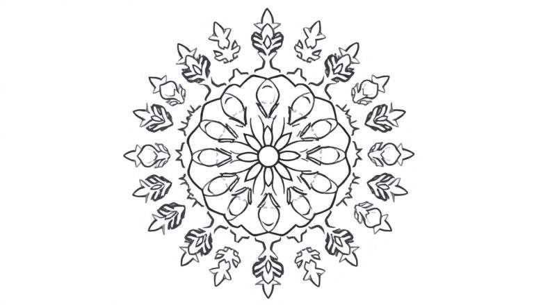 Kleurplaat van een symmetrische winter mandala met gedetailleerde patronen, lijkend op een sneeuwvlok.