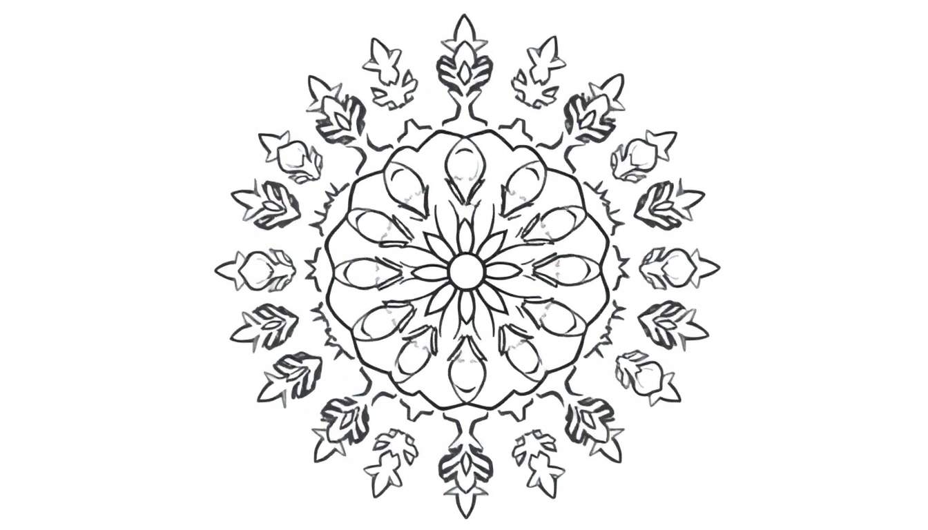 Kleurplaat van een symmetrische winter mandala met gedetailleerde patronen, lijkend op een sneeuwvlok.