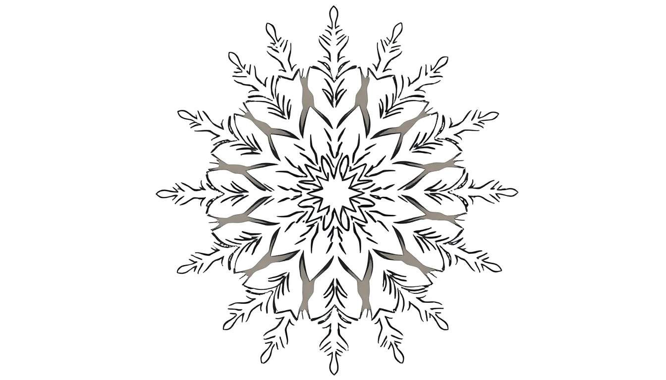 Kleurplaat van een winter mandala met een symmetrisch patroon, lijkend op een ster of bloem, met zwarte lijnen en grijze ingekleurde delen.