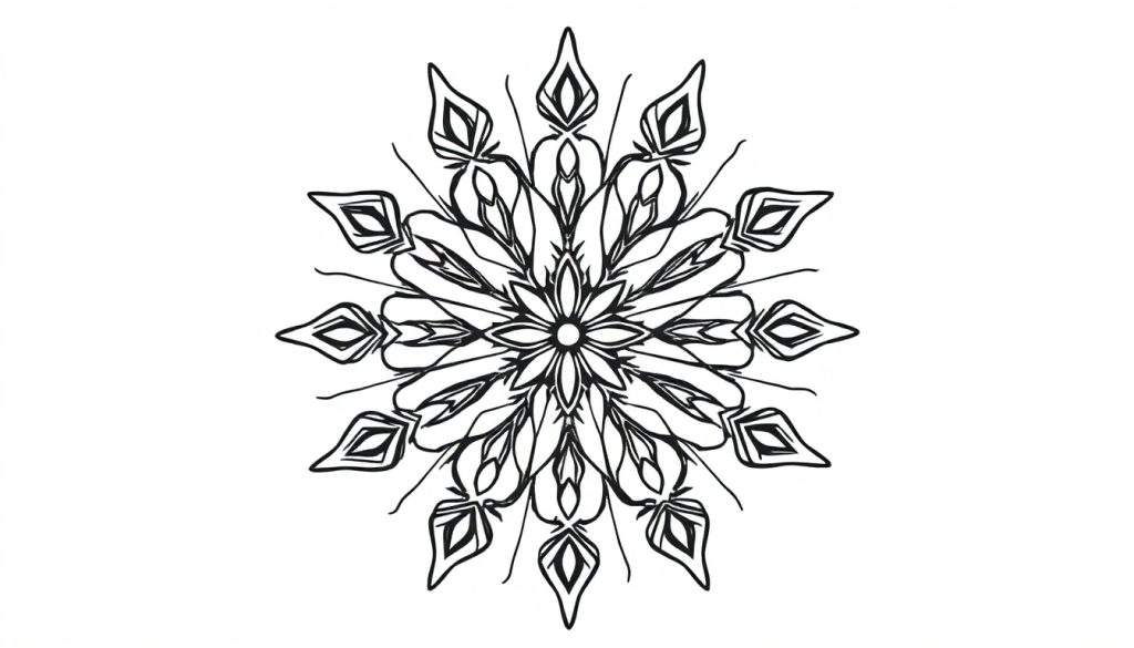 Zwart-witte mandala kleurplaat van een sneeuwvlok met symmetrische, uitwaaierende patronen.