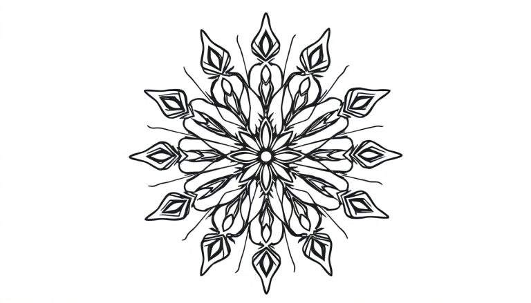 Zwart-witte mandala kleurplaat van een sneeuwvlok met symmetrische, uitwaaierende patronen.