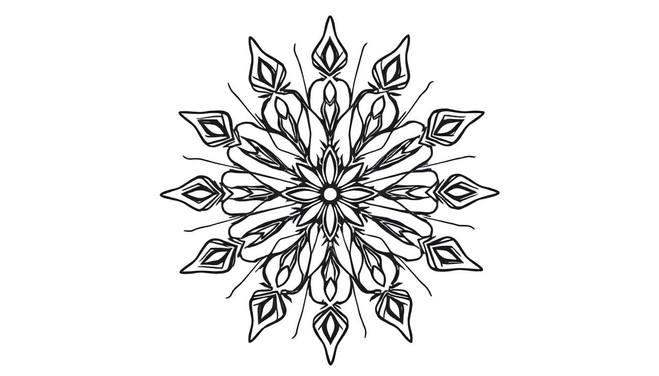 Zwart-witte mandala kleurplaat van een sneeuwvlok met symmetrische, uitwaaierende patronen.