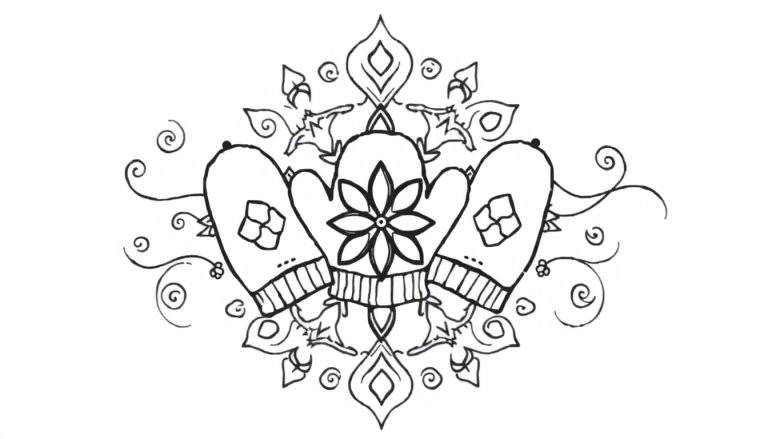 Zwart-wit kleurplaat van een winterse mandala met drie wanten, versierd met bloemen, blaadjes en krullende lijnen.