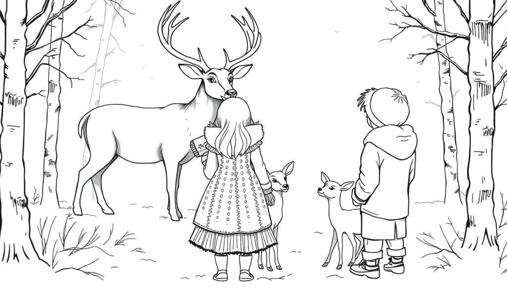 Kleurplaat van een winterbos met een meisje, een jongen, een hert met twee reekalveren, bomen en sneeuw.